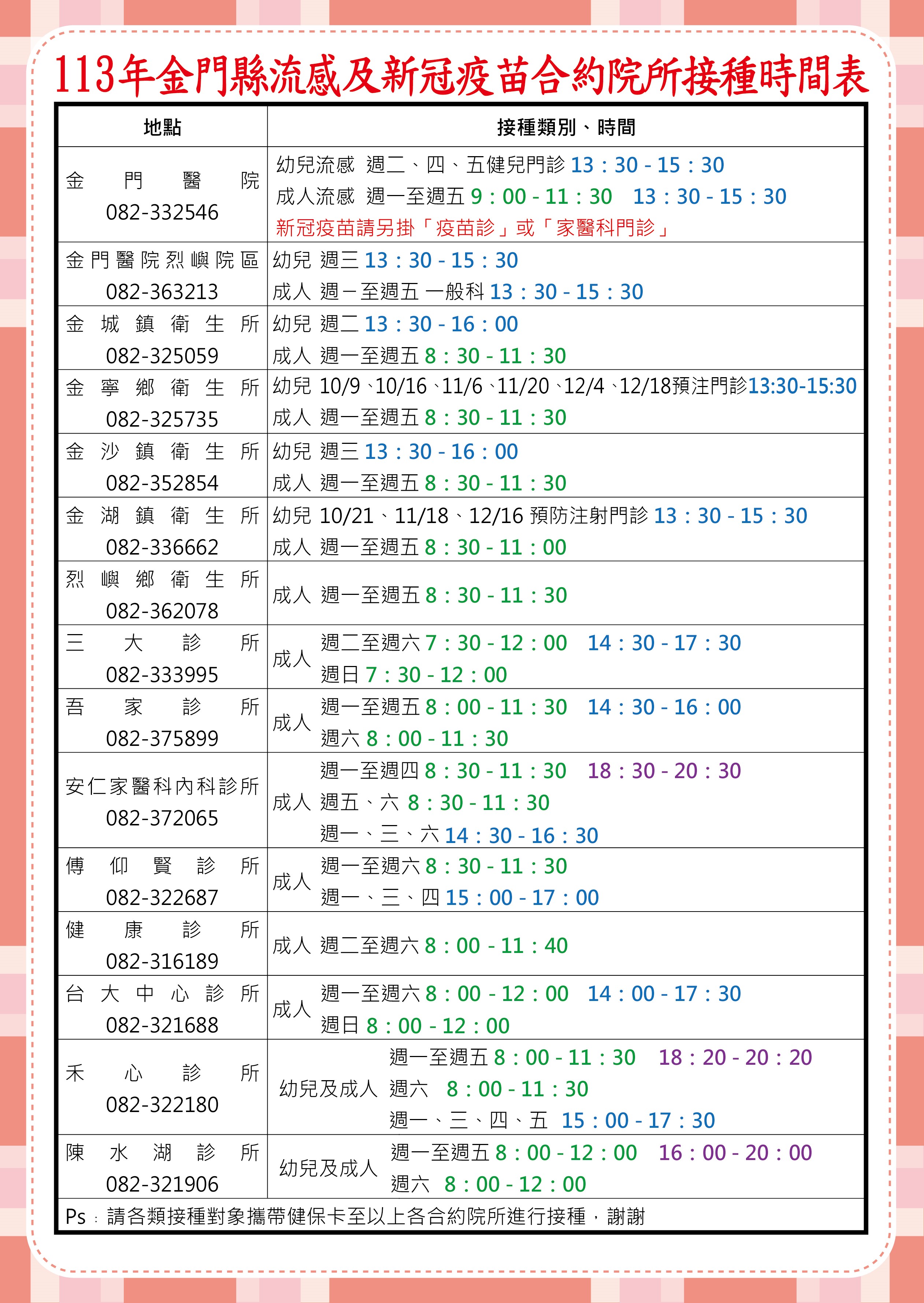 金門10月1日流感及新冠疫苗正式開打 接種新冠疫苗加碼送500元商品券