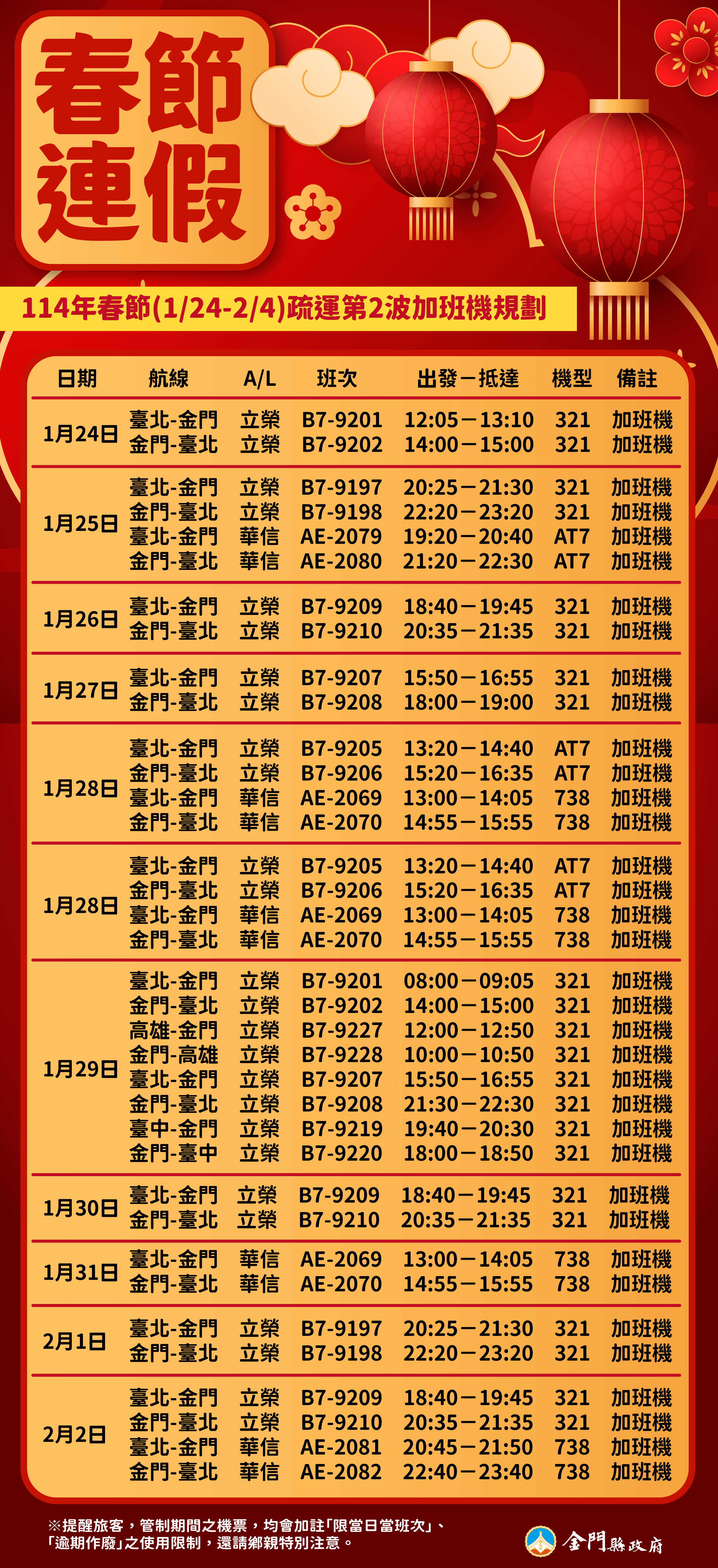 金門第二波114年春節臺金機票  12/17晚上6時開放訂位