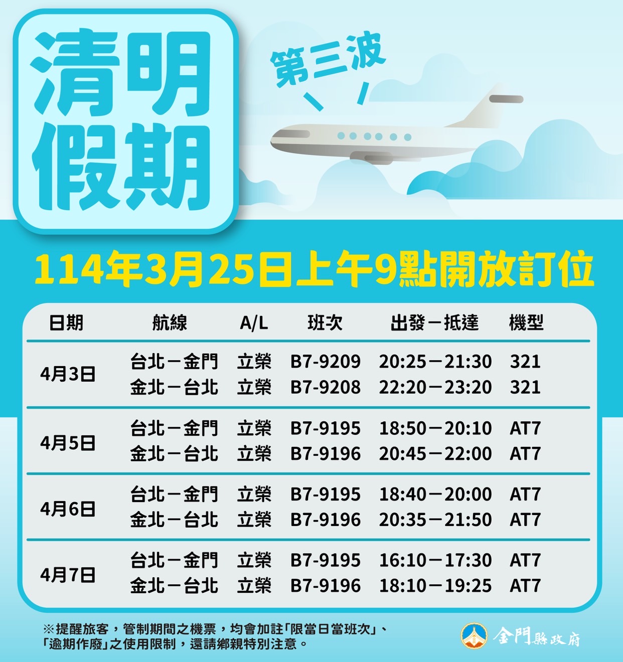 金門清明加班機，3月25日9時開放訂位提供788個座位數